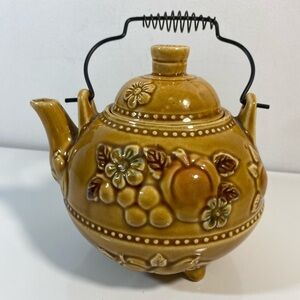 Vintage Ceramic Teapot Wire Handle‎ Embossed Fruit Flowers Japan